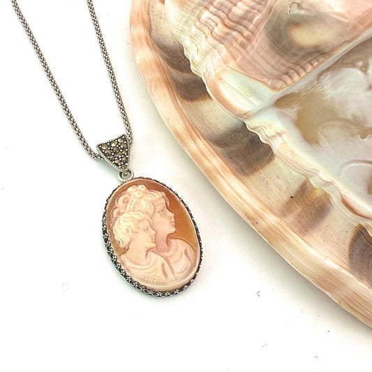 Mother and Child Shell Cameo Necklace, Vintage Italian Cameo, Marcasite Jewelry, New Mom Gift