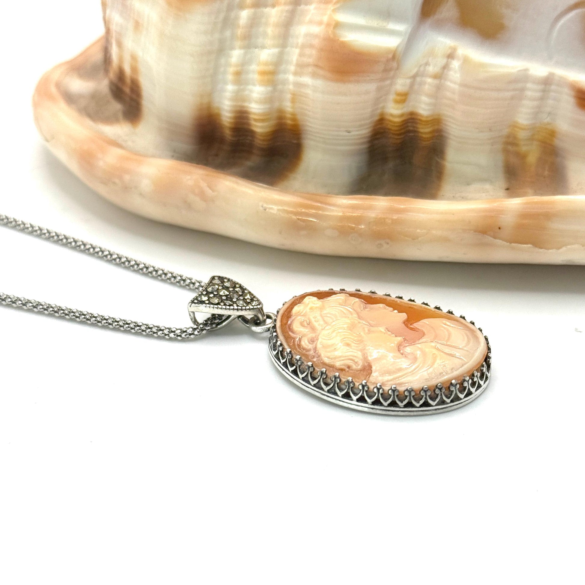 Mother and Child Shell Cameo Necklace, Vintage Italian Cameo, Marcasite Jewelry, New Mom Gift