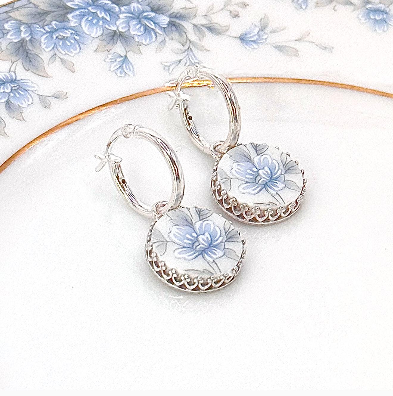 Dainty Vintage China Hoop Earrings, Unique 20th Anniversary Gift for Wife, Sterling Silver
