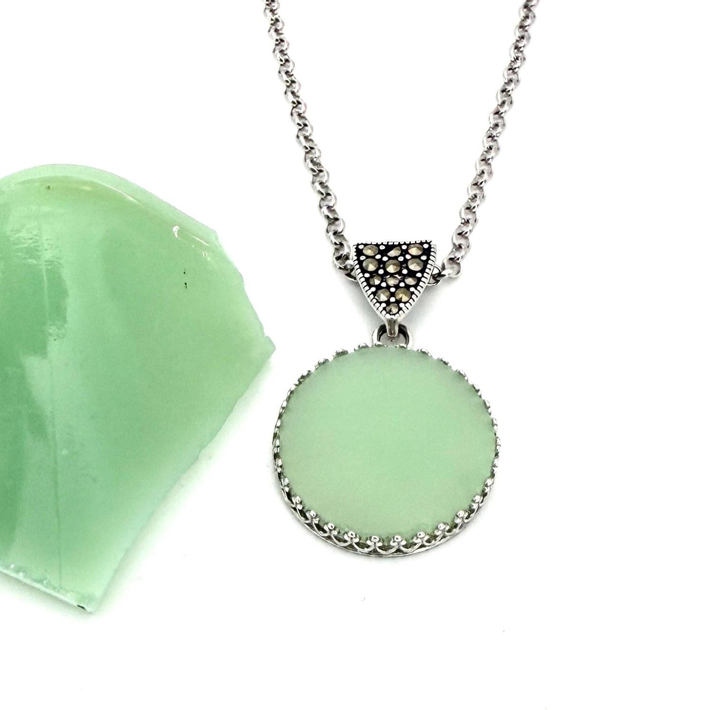 Fire King Jadeite Jewelry, Victorian Style Marcasite Necklace, Vintage Depression Glass