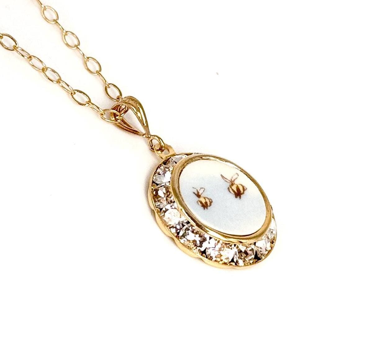 Meant to Bee 20th Wedding Anniversary Gift for Wife, Crystal Broken China Jewelry, Dainty Love Bees Gold Necklace