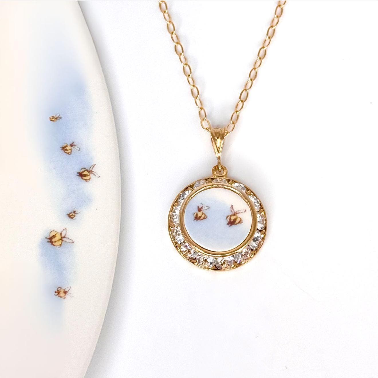 Meant to Bee 20th Wedding Anniversary Gift for Wife, Crystal Broken China Jewelry, Dainty Love Bees Gold Necklace