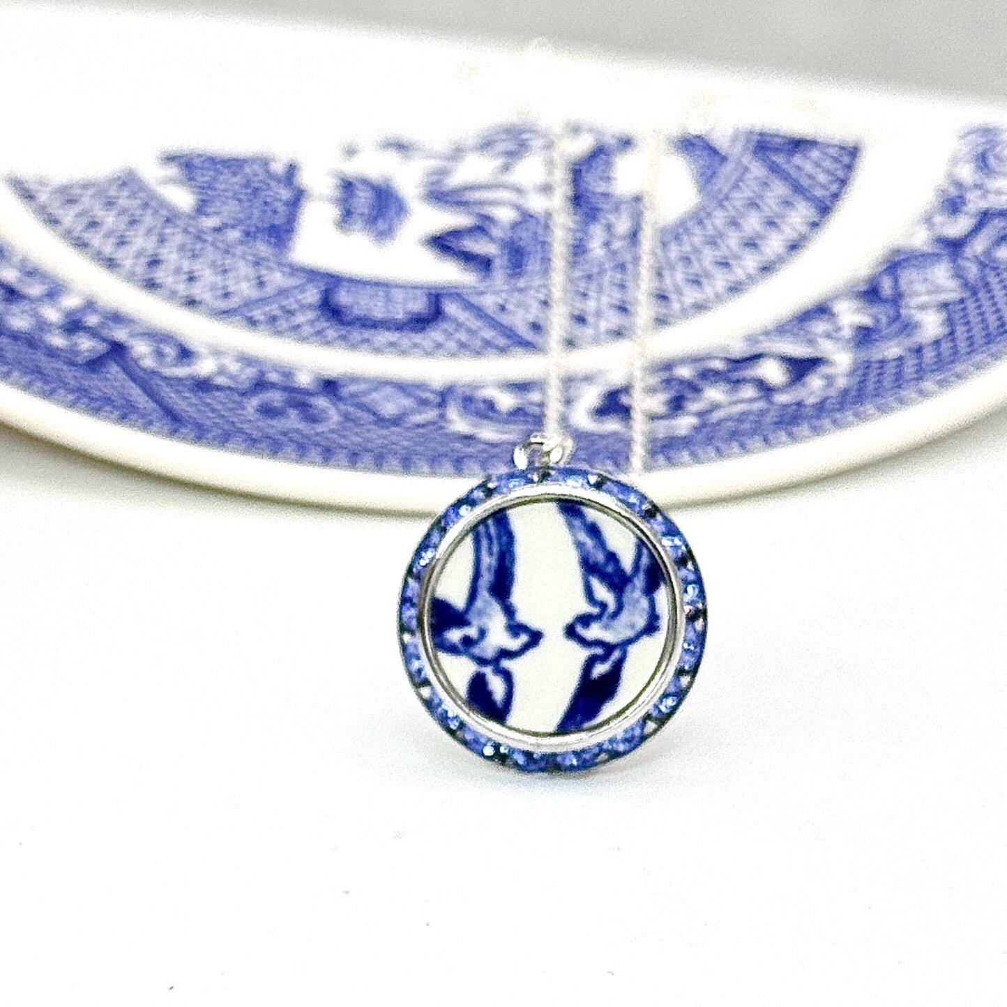 20th Anniversary Gifts for Wife, Blue Willow Love Birds China Necklace, Crystal Jewelry