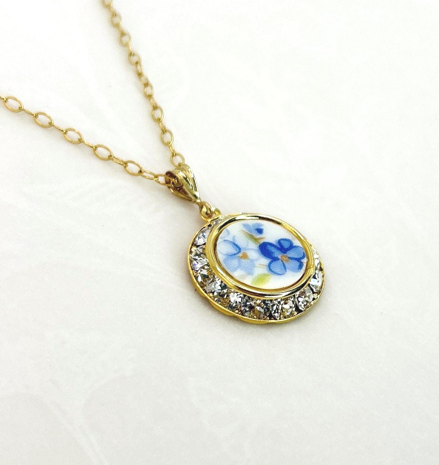 Gold Forget Me Not Crystal Necklace, Romantic 18th Anniversary Gift for Wife, Dainty Porcelain Jewelry