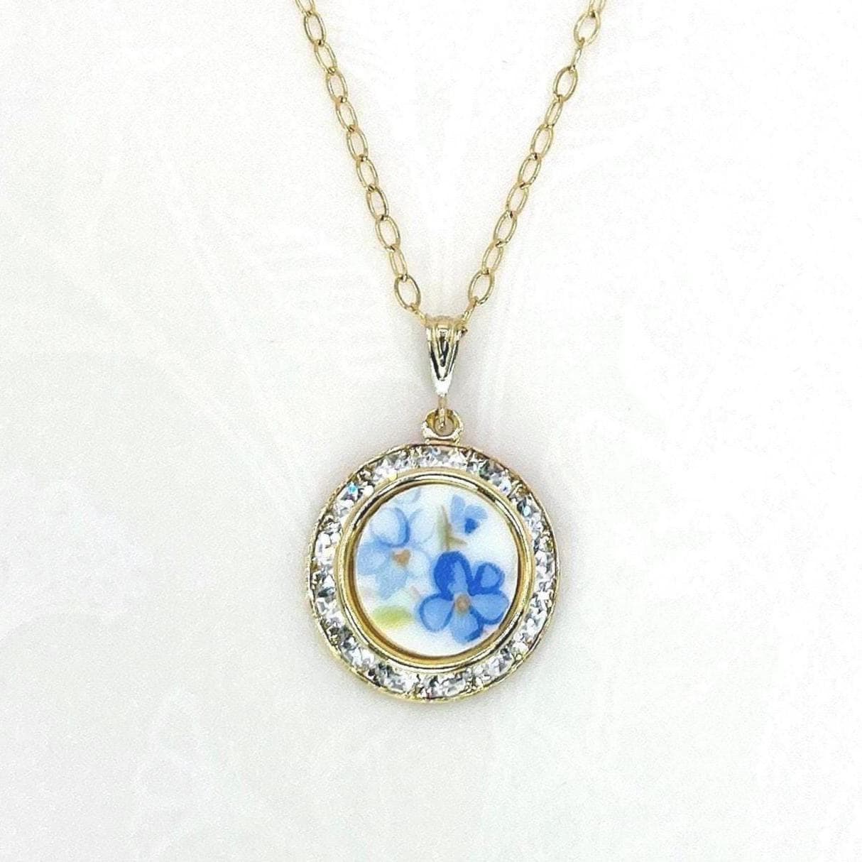 Gold Forget Me Not Crystal Necklace, Romantic 18th Anniversary Gift for Wife, Dainty Porcelain Jewelry