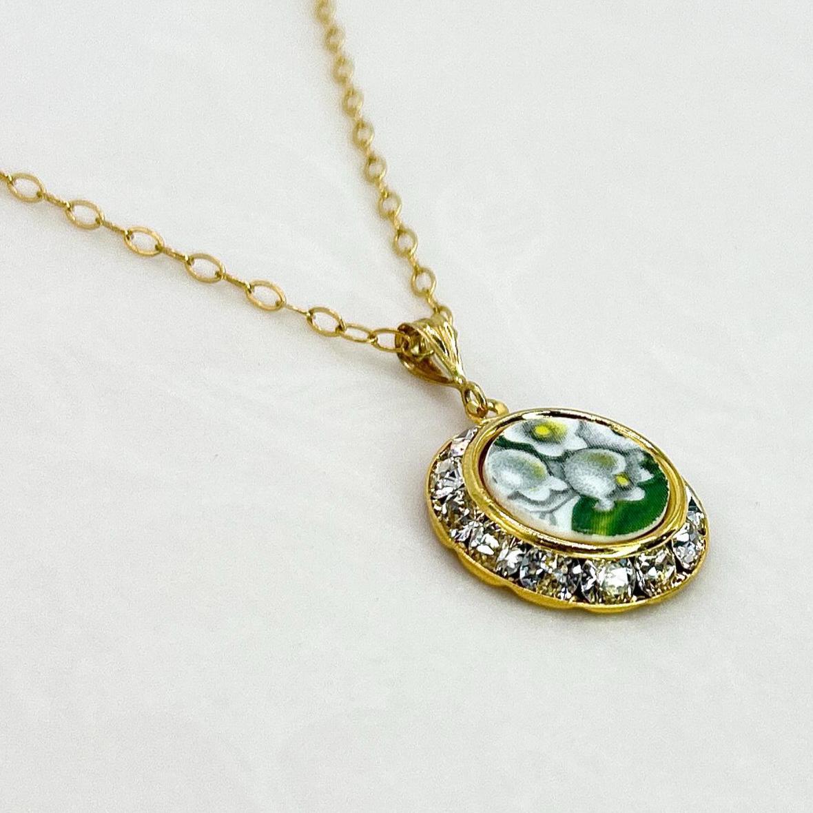 Lily of the Valley Necklace, 20th Wedding Anniversary Gift for Wife, Gold Crystal Broken China Jewelry