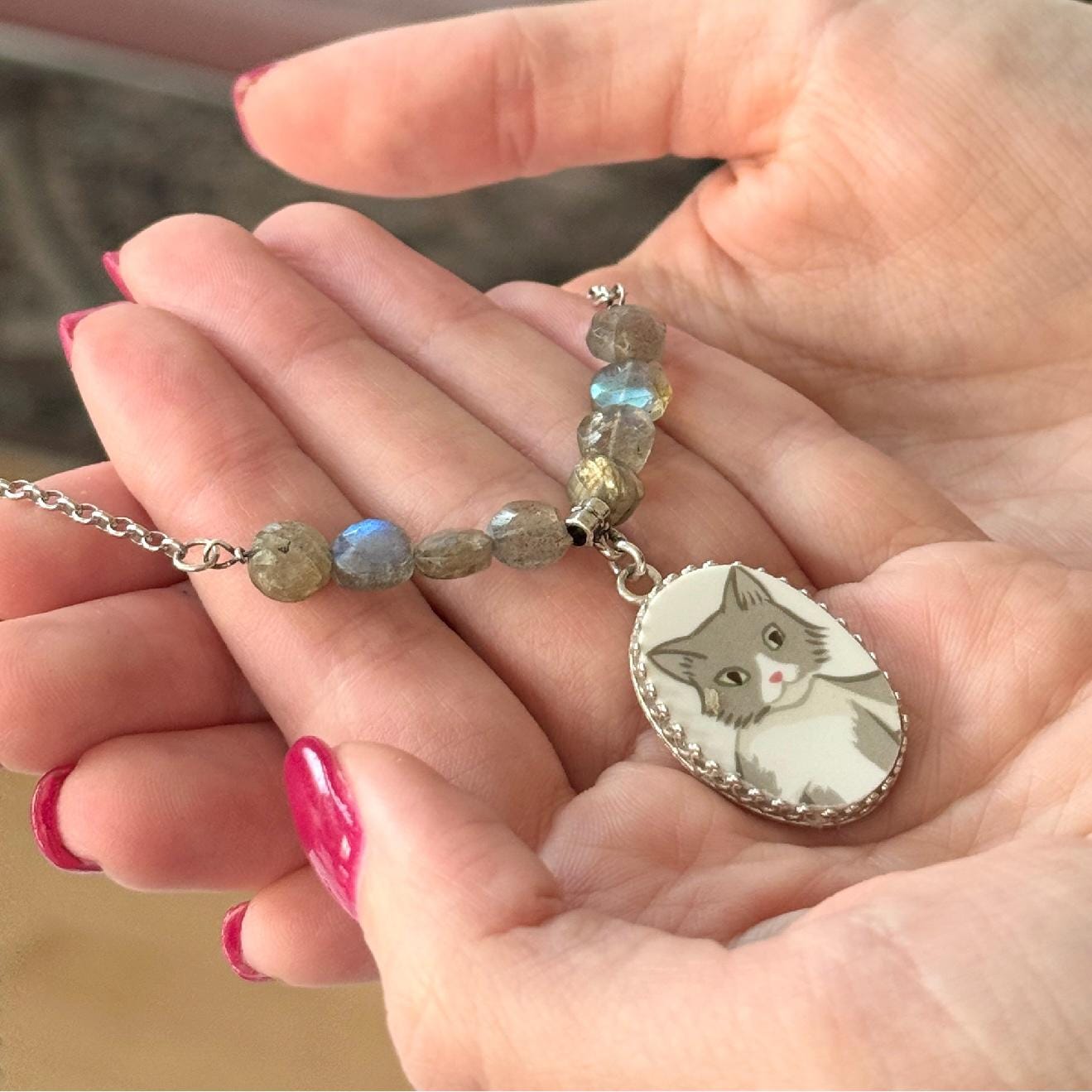 Labradorite Cat Necklace, Gray Kitty Jewelry, Vintage China Necklace, Sterling Silver, Gifts for Cat Lovers