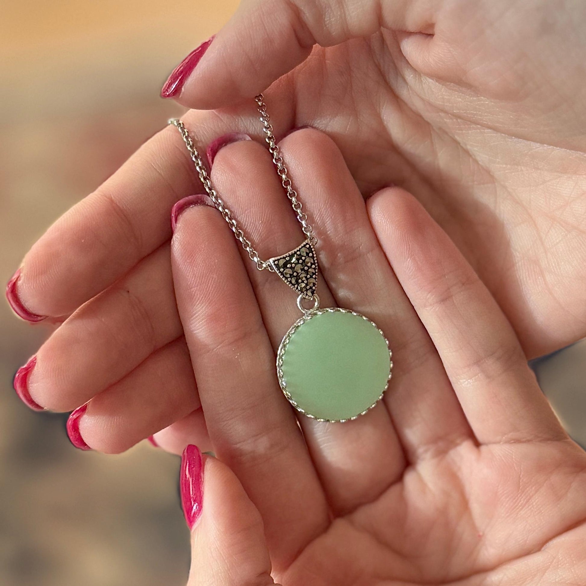 Fire King Jadeite Jewelry, Victorian Style Marcasite Necklace, Vintage Depression Glass