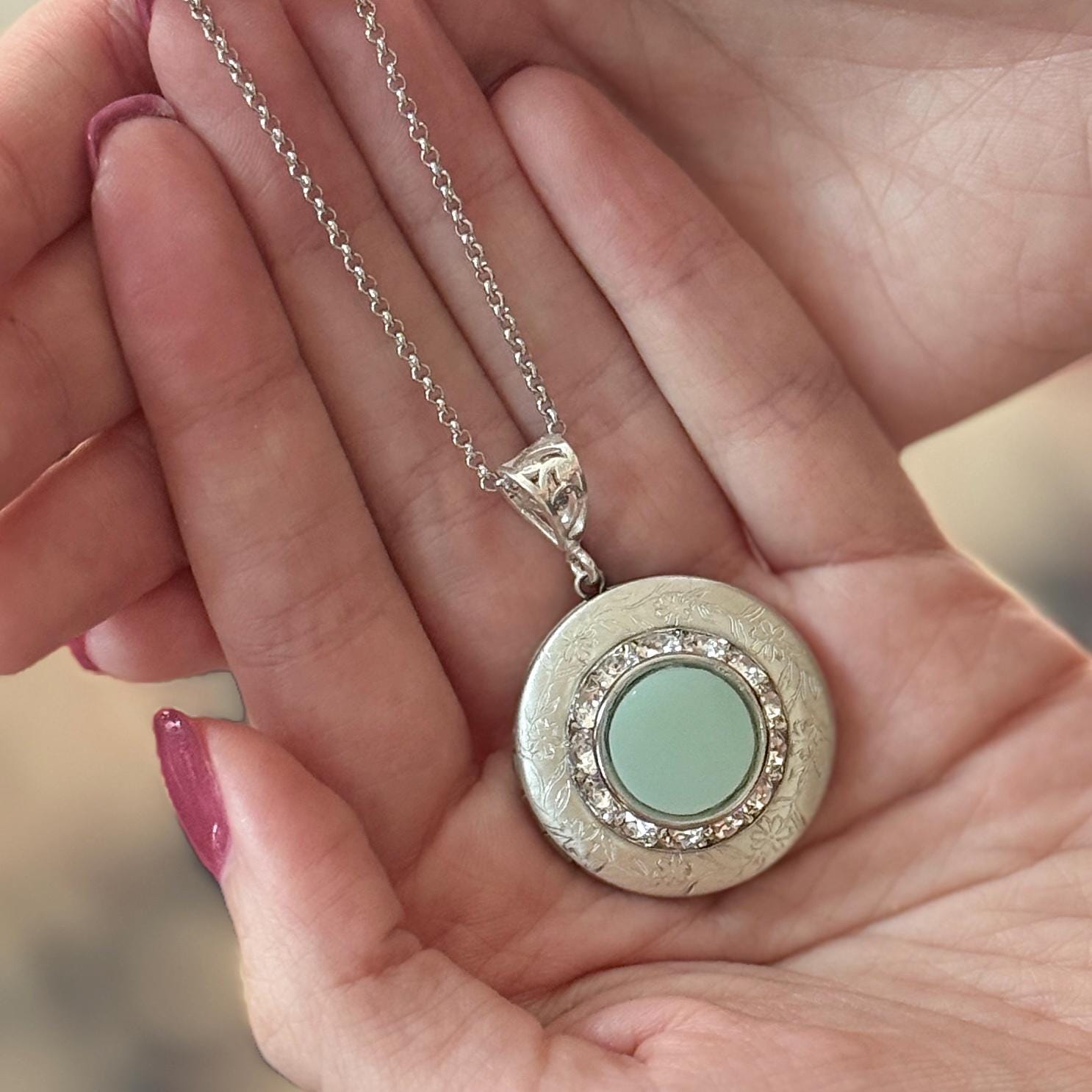 Jadeite Photo Locket, Vintage Fire King, Victorian Style Crystal Locket Necklace