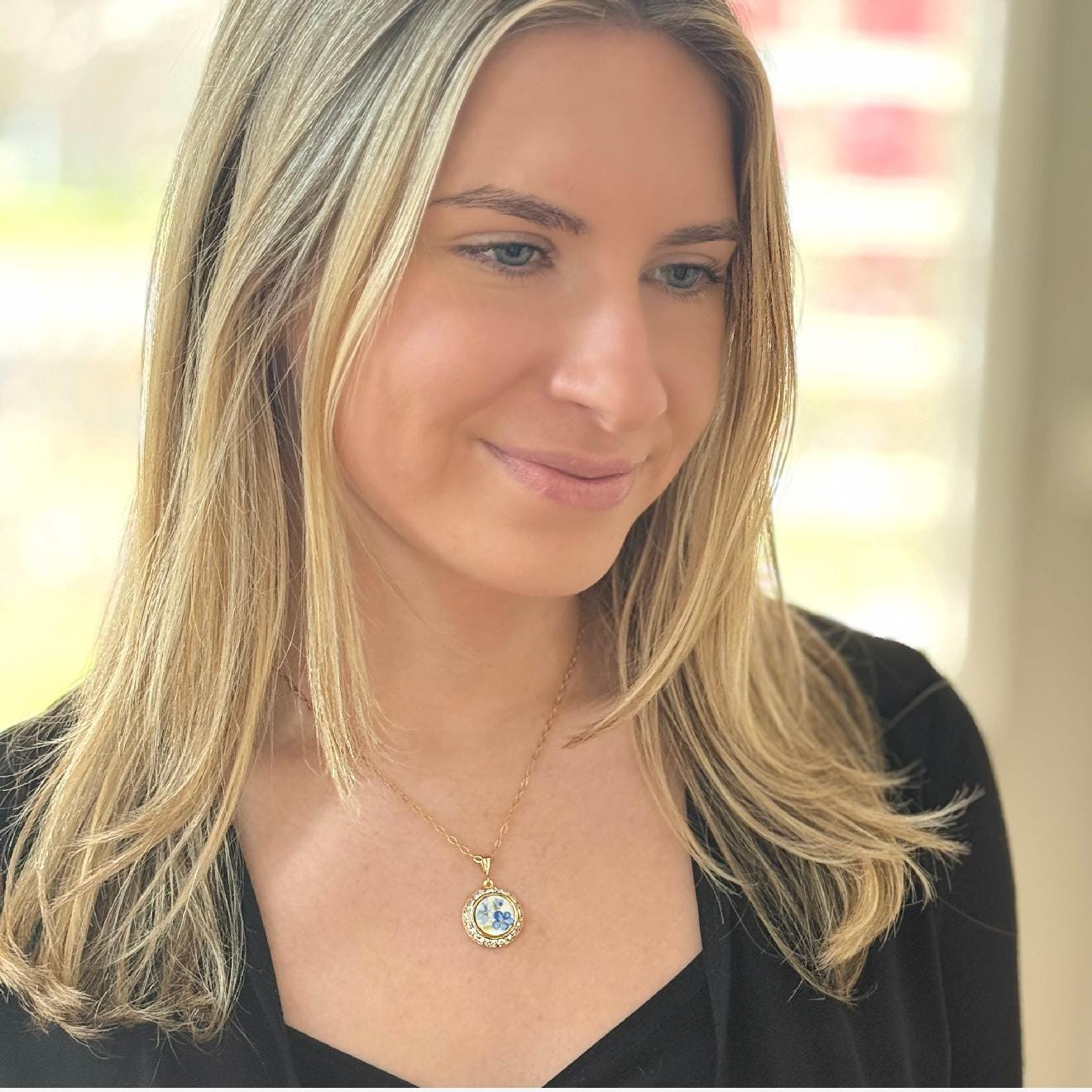 Gold Forget Me Not Crystal Necklace, Romantic 18th Anniversary Gift for Wife, Dainty Porcelain Jewelry