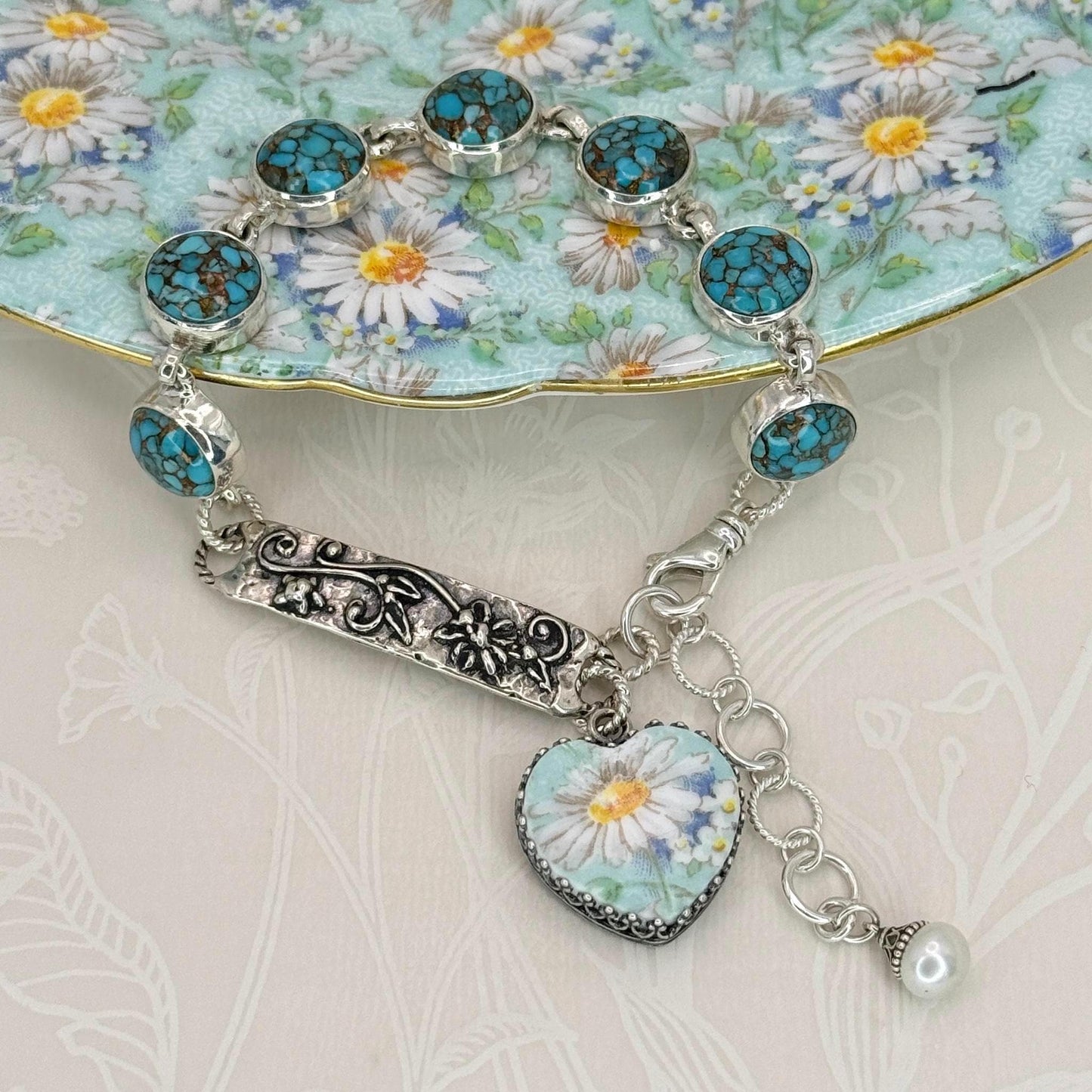 Daisy China Turquoise Bracelet, Unique 18th and 20th Anniversary Gift for Wife