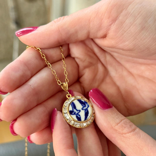 Romantic Love Birds Necklace, 20th Wedding Anniversary Gift for Wife, Crystal Jewelry, Blue Willow Vintage China