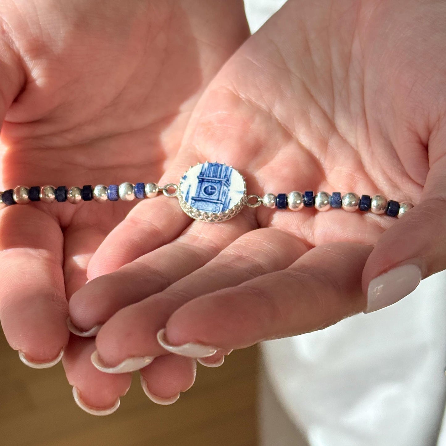 Vintage Liberty Blue China, Historic Boston Old North Church Charm Bracelet, Broken China Jewelry, Lapis Lazuli