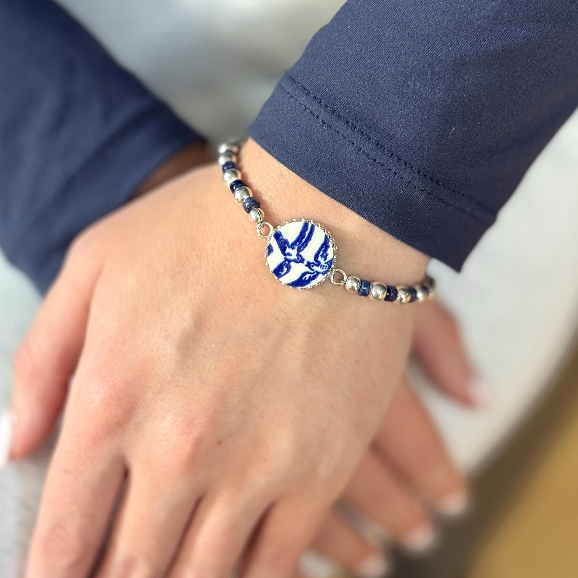 Vintage Love Birds Bracelet, 9th and 20th Anniversary Gifts for Wife, Blue Willow Broken China Jewelry, Lapis Lazuli Blue Gemstone