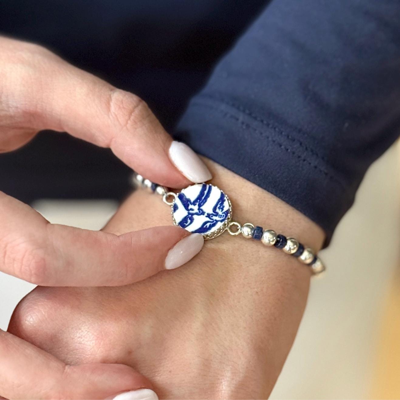 Vintage Love Birds Bracelet, 9th and 20th Anniversary Gifts for Wife, Blue Willow Broken China Jewelry, Lapis Lazuli Blue Gemstone