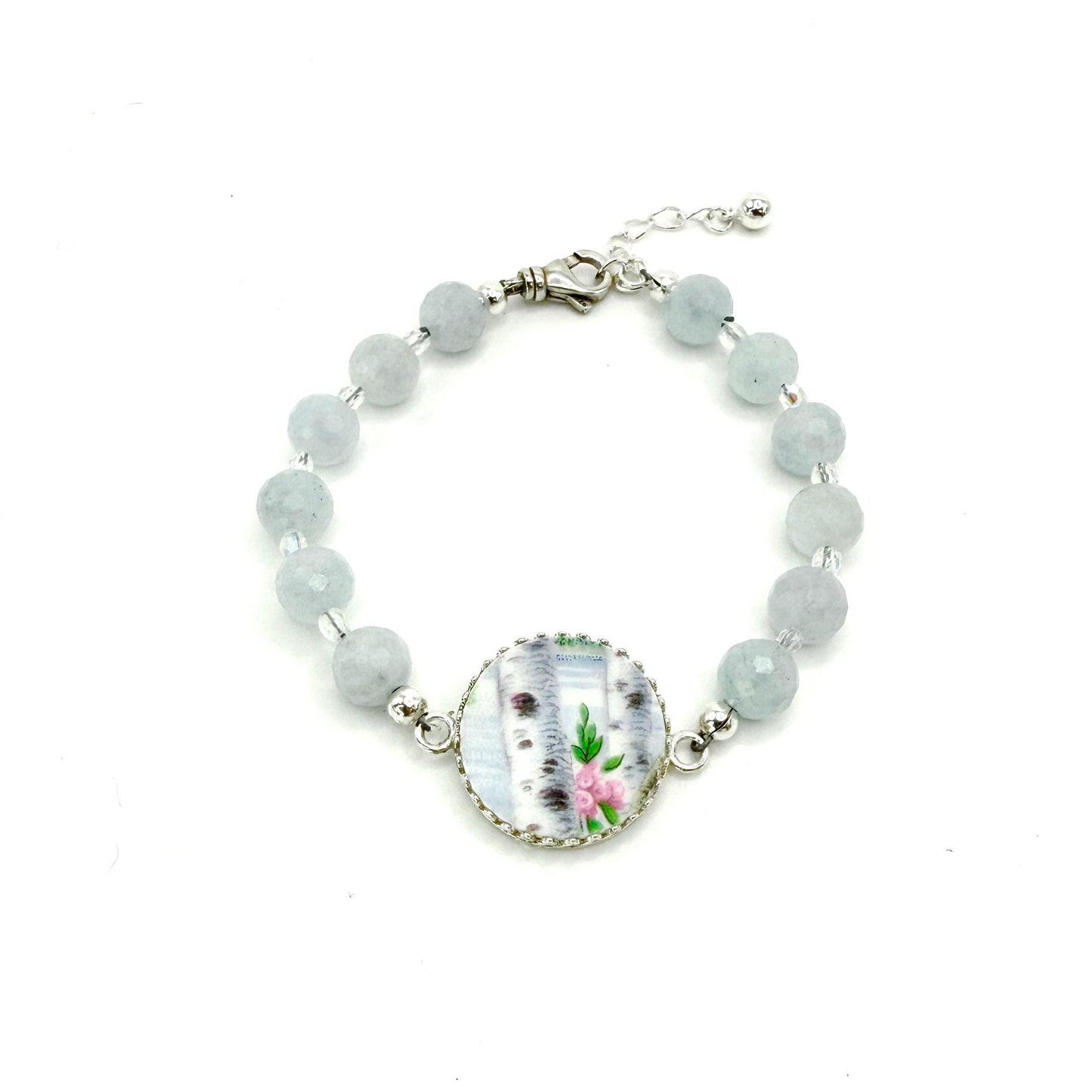 20th Anniversary Gift for Wife, Birch Tree Bracelet, Aquamarine Broken China Statement Jewelry