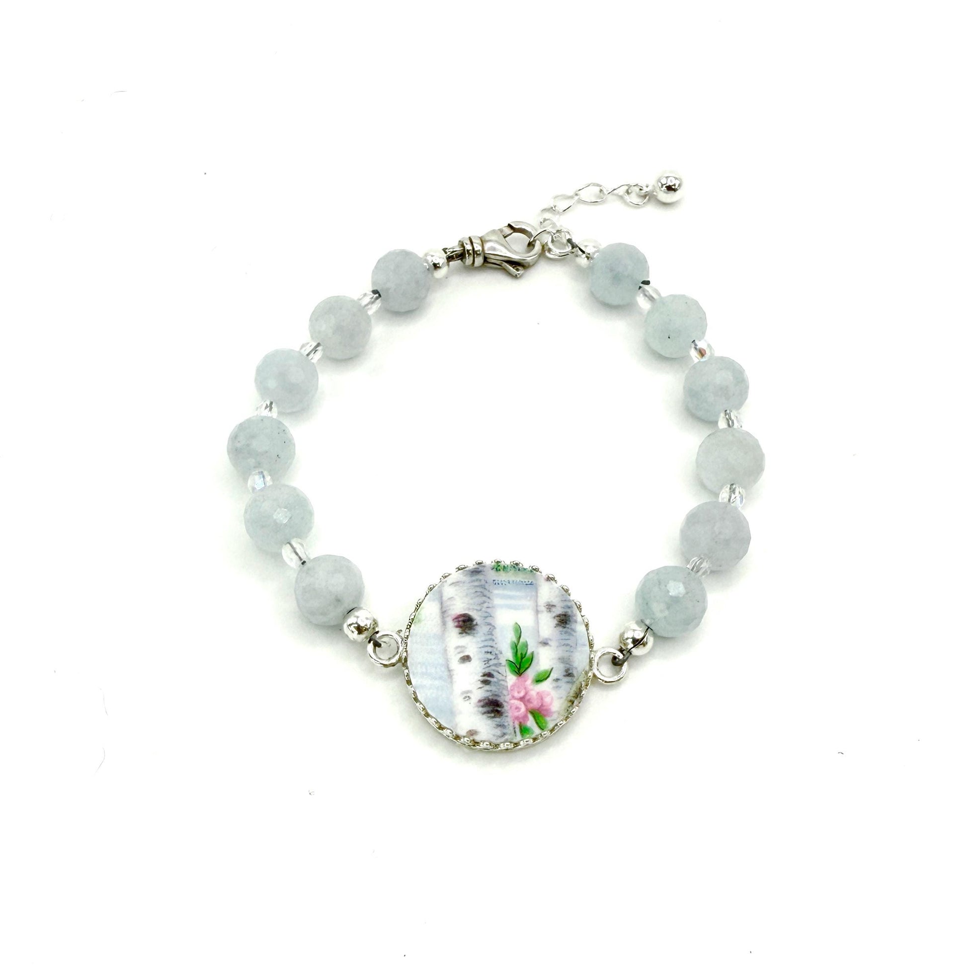 20th Anniversary Gift for Wife, Birch Tree Bracelet, Aquamarine Broken China Statement Jewelry