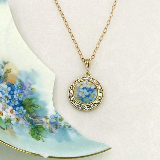Romantic Forget Me Not Necklace, 20th Anniversary Gift for Wife, Hand Painted Broken China Jewelry