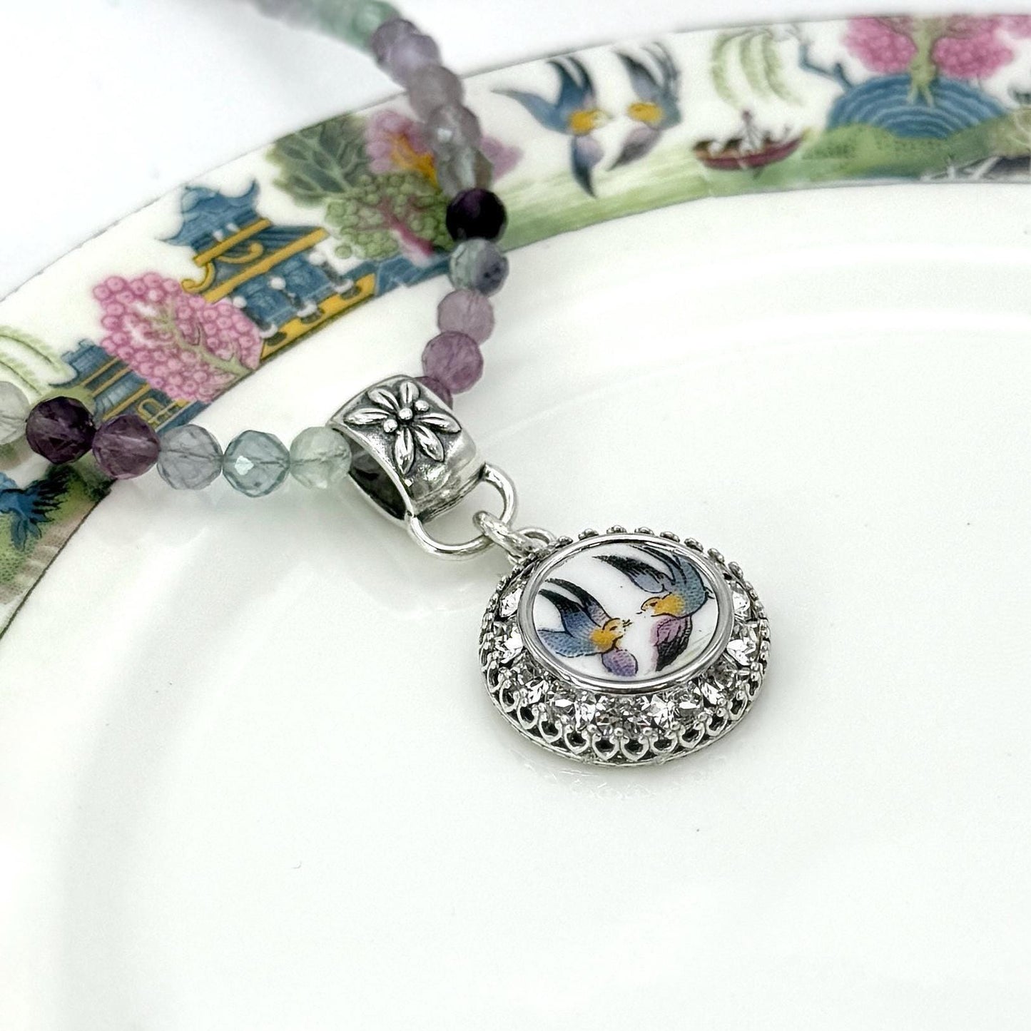 Love Birds Fluorite Necklace, Romantic 20th Anniversary Gifts for Wife, Antique Broken China Jewelry, Sterling Silver Gemstone Necklace