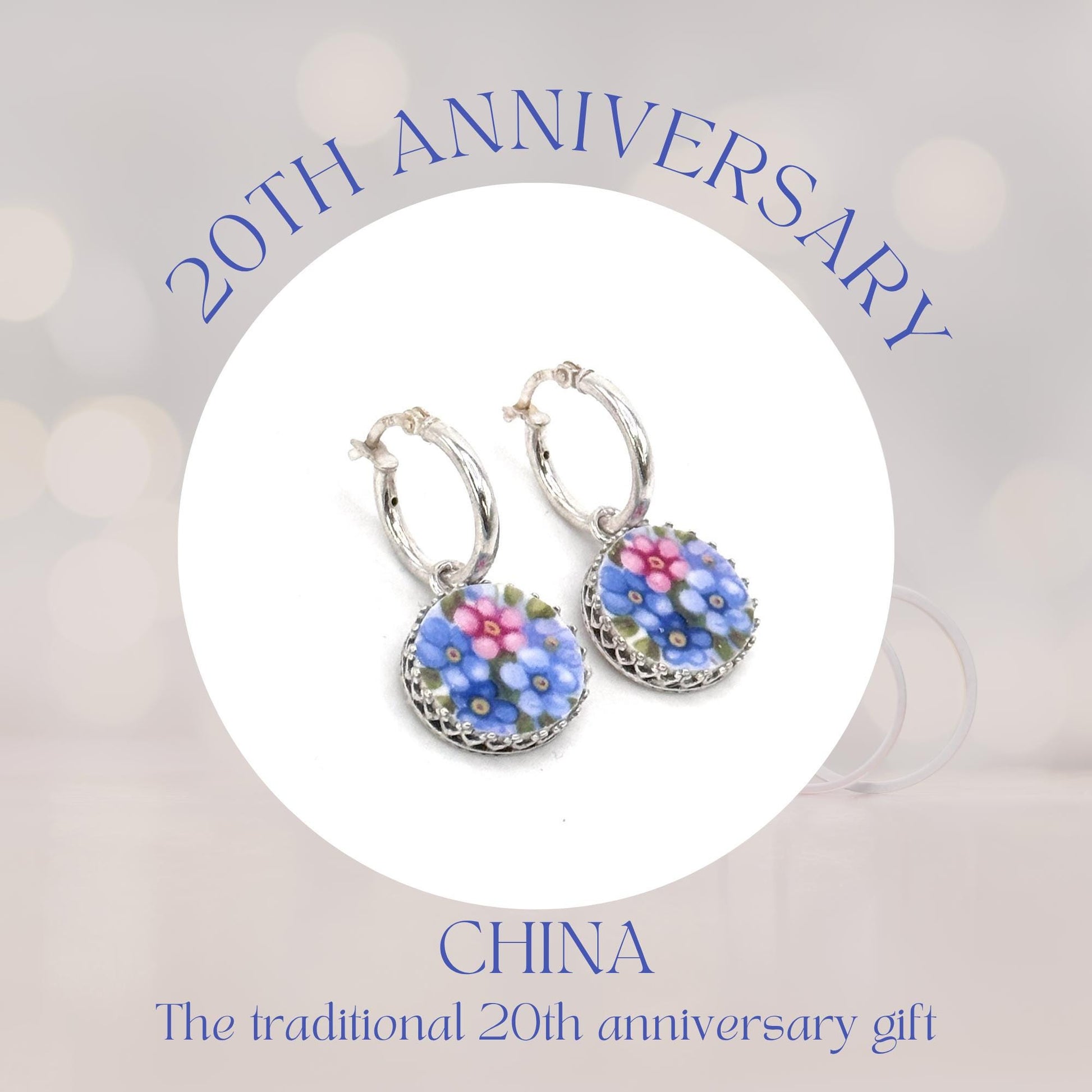 Romantic Forget Me Not Earrings, 20th Anniversary Gift for Wife, Vintage Broken China Jewelry, Sterling Silver Hoop Flower Earrings