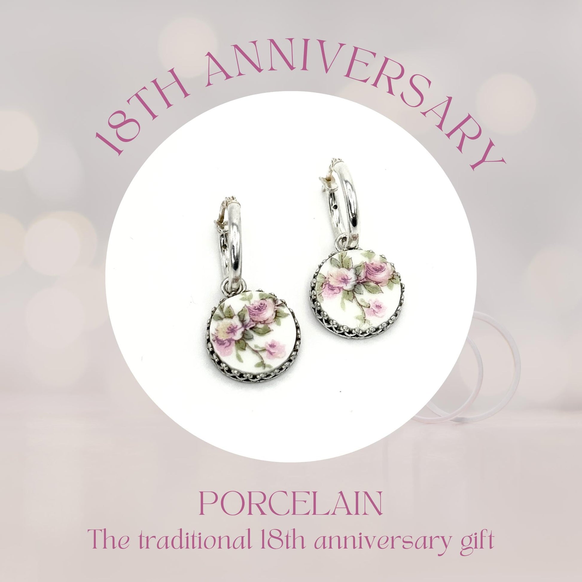 Antique French Limoges Pink Rose Earrings, Romantic 18th Anniversary Gift for Wife, Porcelain Jewelry, Sterling Silver Hoop Flower Earrings