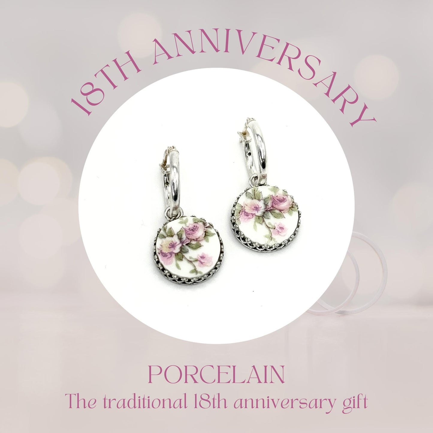 Antique French Limoges Pink Rose Earrings, Romantic 18th Anniversary Gift for Wife, Porcelain Jewelry, Sterling Silver Hoop Flower Earrings