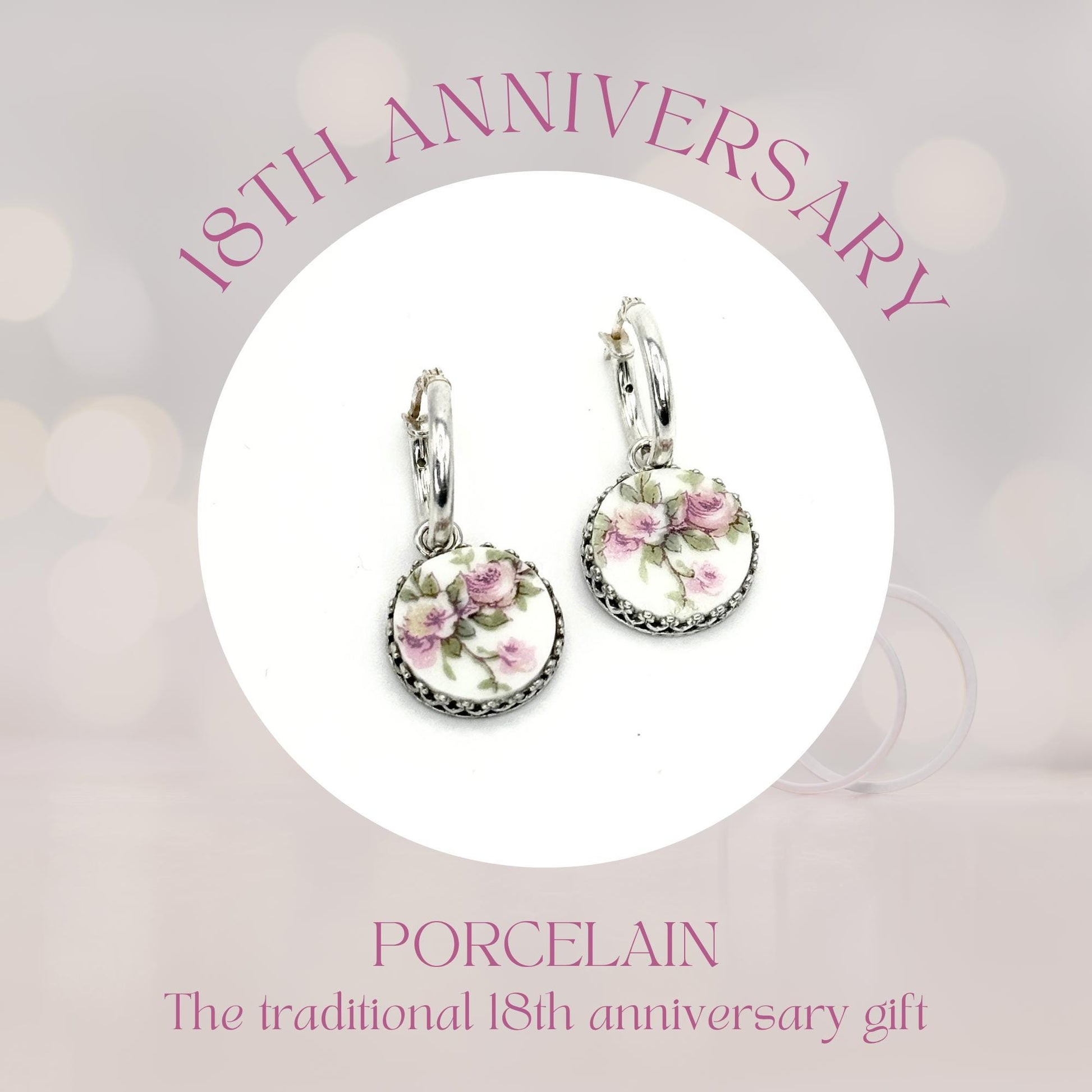 Antique French Limoges Pink Rose Earrings, Romantic 18th Anniversary Gift for Wife, Porcelain Jewelry, Sterling Silver Hoop Flower Earrings