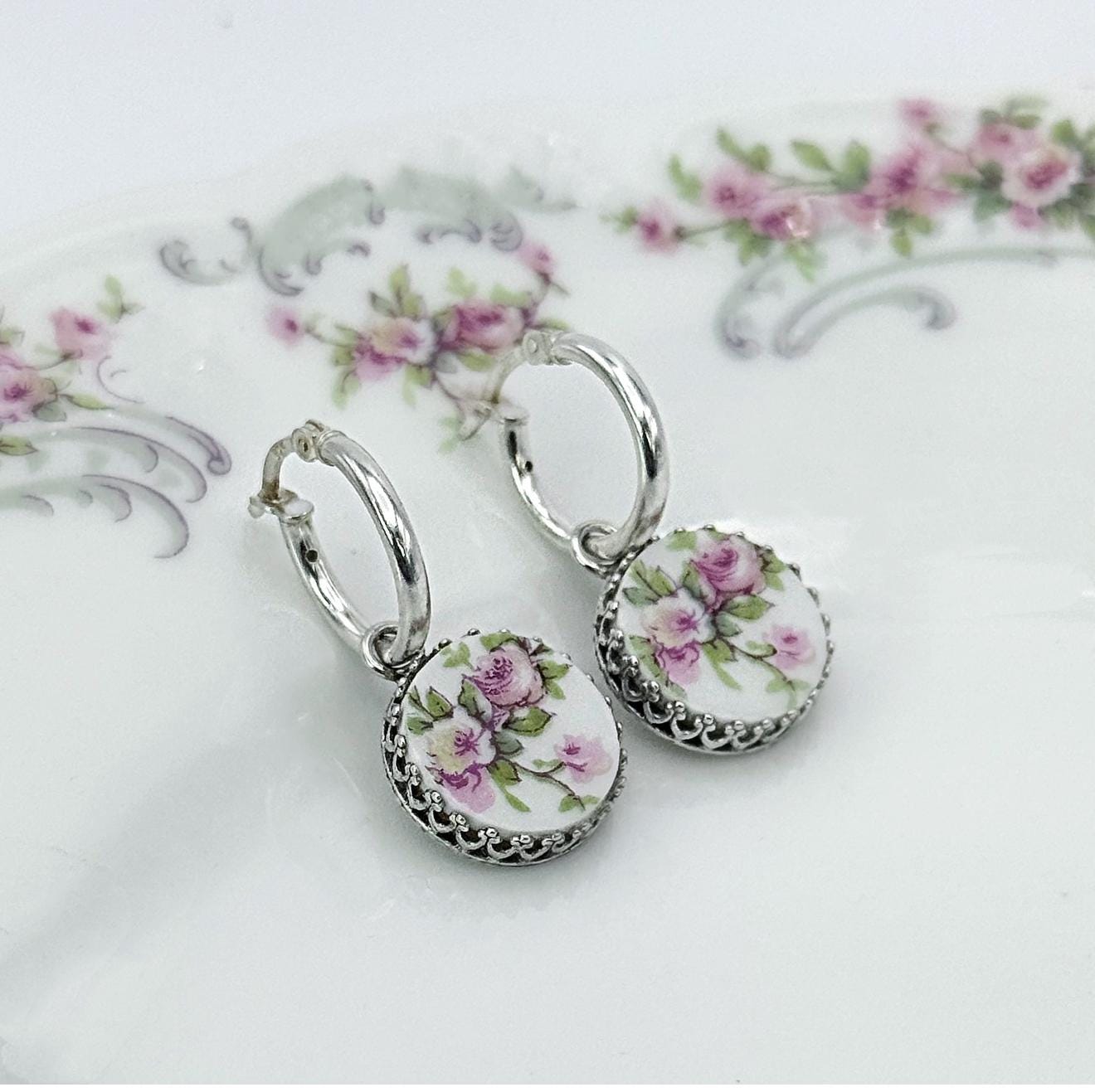 Antique French Limoges Pink Rose Earrings, Romantic 18th Anniversary Gift for Wife, Porcelain Jewelry, Sterling Silver Hoop Flower Earrings