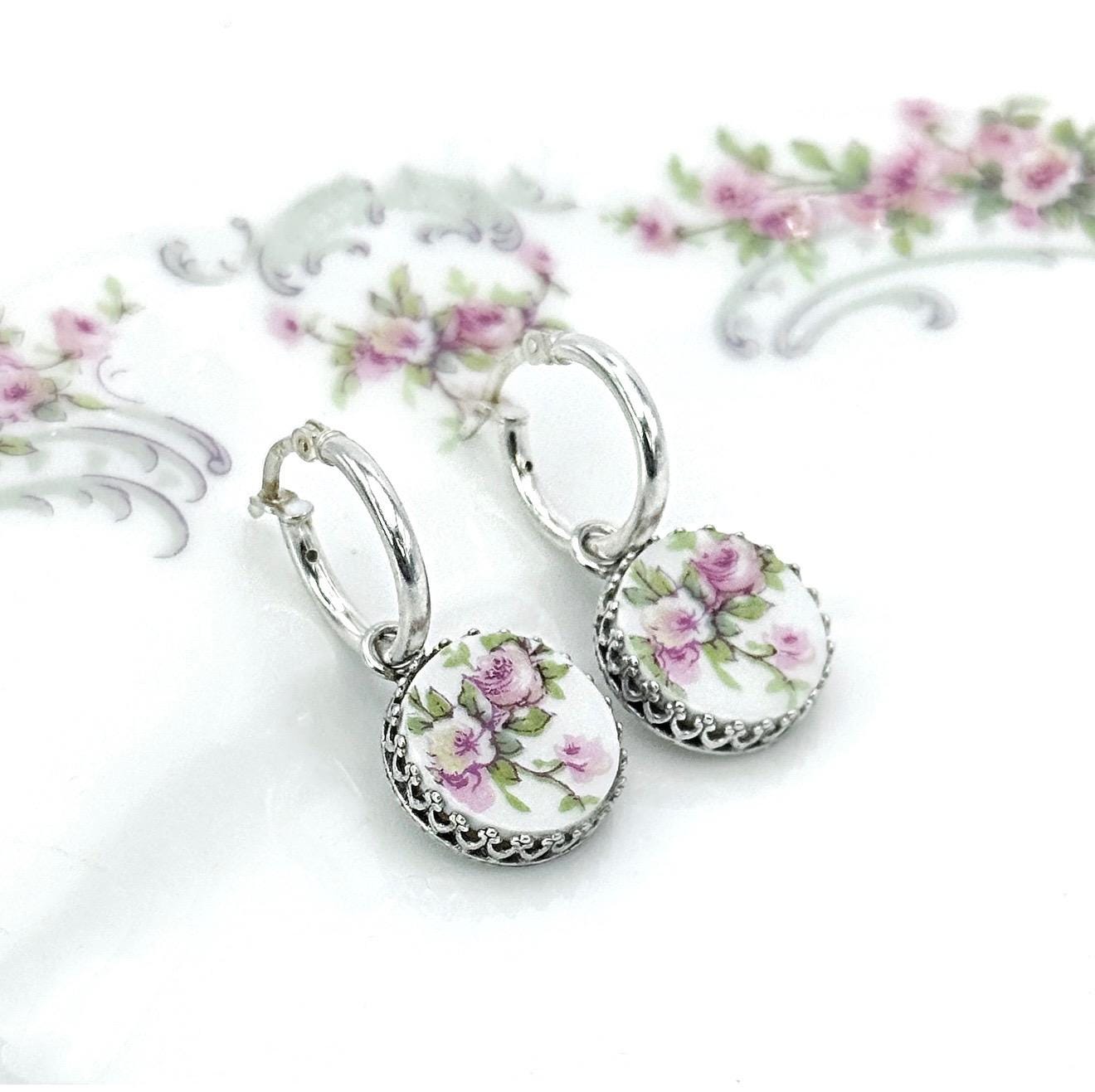 Antique French Limoges Pink Rose Earrings, Romantic 18th Anniversary Gift for Wife, Porcelain Jewelry, Sterling Silver Hoop Flower Earrings