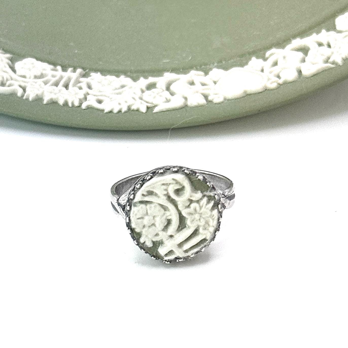 Adjustable Vintage Wedgwood Ring, Broken China Jewelry, Sage Green Jasperware, Victorian Jewelry, Unique Gifts for Women