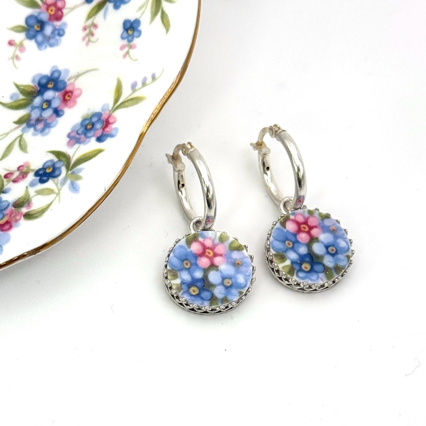 Romantic Forget Me Not Earrings, 20th Anniversary Gift for Wife, Vintage Broken China Jewelry, Sterling Silver Hoop Flower Earrings
