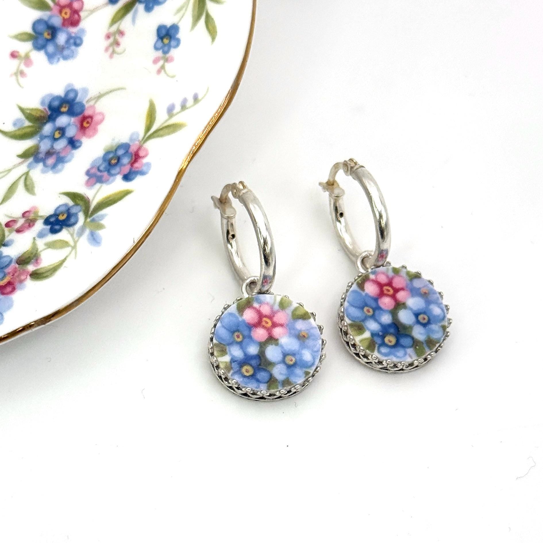 Romantic Forget Me Not Earrings, 20th Anniversary Gift for Wife, Vintage Broken China Jewelry, Sterling Silver Hoop Flower Earrings