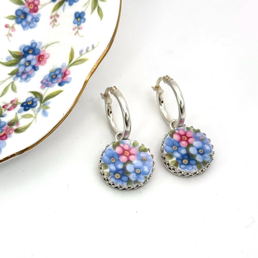 Romantic Forget Me Not Earrings, 20th Anniversary Gift for Wife, Vintage Broken China Jewelry, Sterling Silver Hoop Flower Earrings