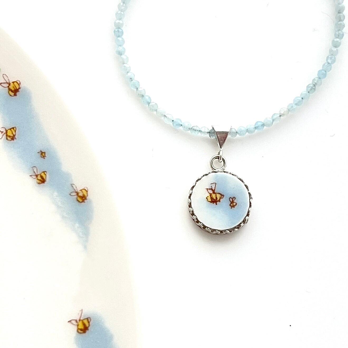 Dainty Aquamarine Bee Necklace, Unique Birthday Gifts for Women, Vintage Broken China Jewelry