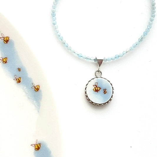 Dainty Aquamarine Bee Necklace, Unique Birthday Gifts for Women, Vintage Broken China Jewelry