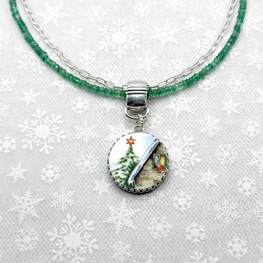 Christmas Cottagecore Emerald Necklace, Winter Snowy Tree, Broken China Jewelry, Sterling Silver & Gemstone Statement Necklace