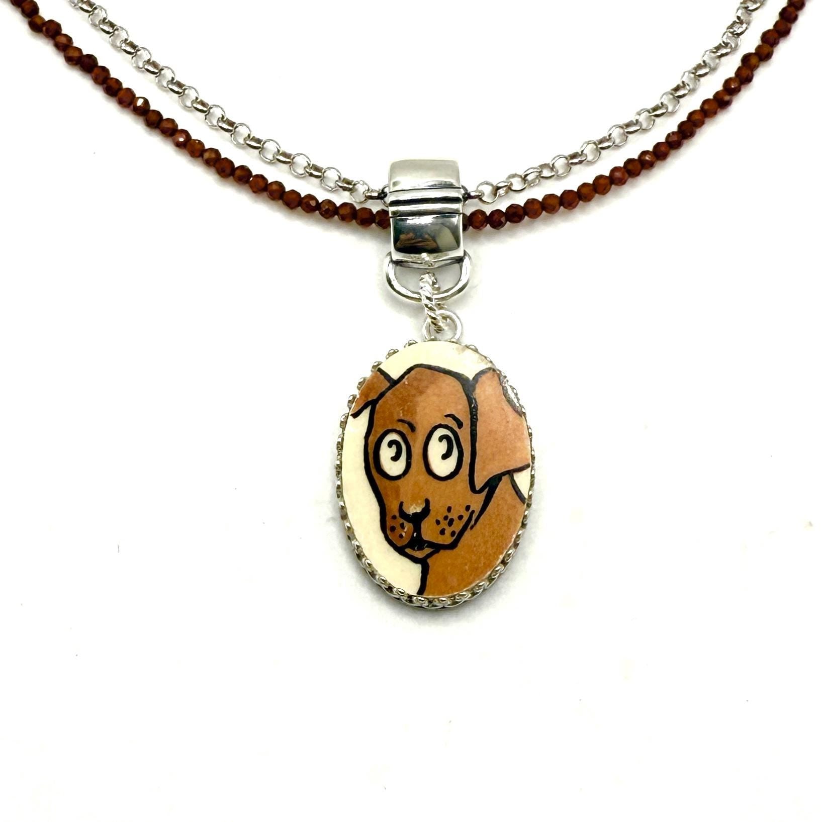 Vintage Dog Necklace, Broken China Jewelry, Sweet Brown Puppy Jewelry, Whimsical Dog Pendant, Unique Gifts for Women