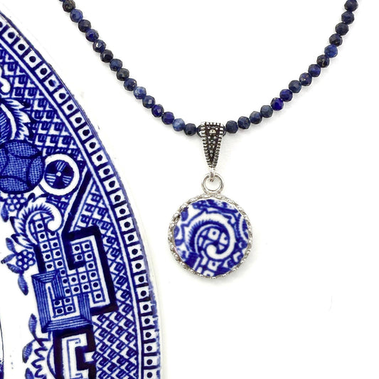 Cottagecore Dainty Blue Willow China Necklace, Sterling Silver, Lapis Lazuli & Marcasite