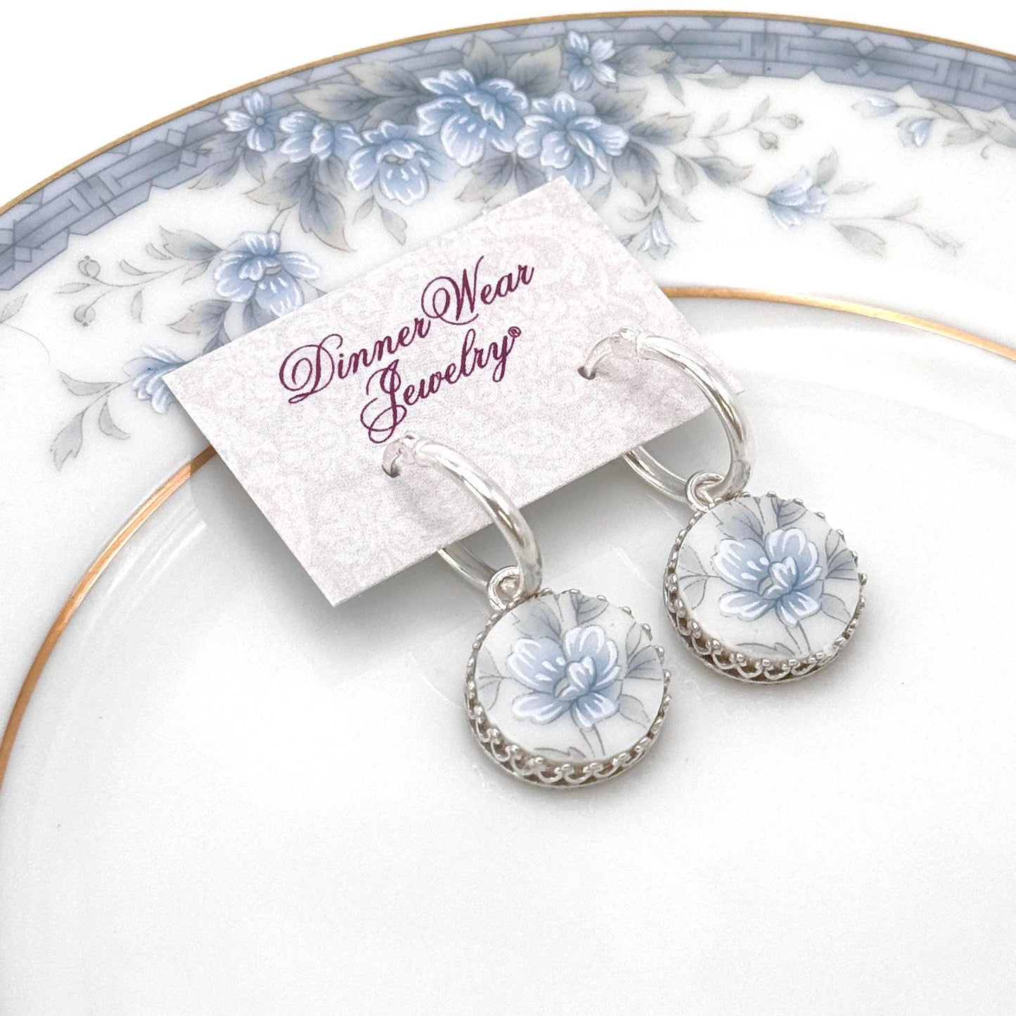 Dainty Vintage China Hoop Earrings, Unique 20th Anniversary Gift for Wife, Sterling Silver