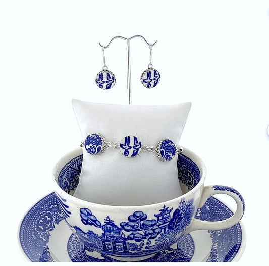 Love Birds Blue Willow Broken China Jewelry Set, Romantic 20th Anniversary Gift for Wife