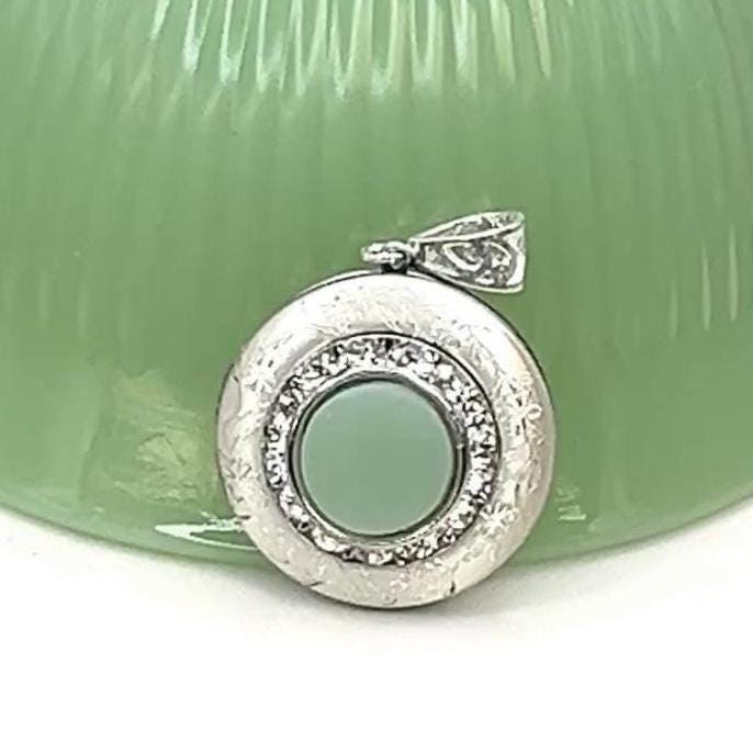 Jadeite Photo Locket, Vintage Fire King, Victorian Style Crystal Locket Necklace