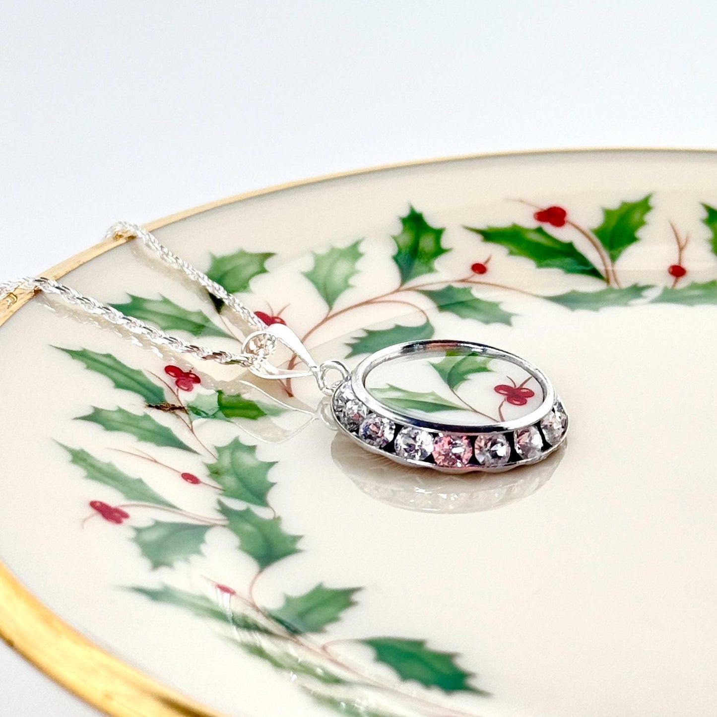 Crystal Christmas Necklace, Holly Lenox Holiday Broken China Jewelry