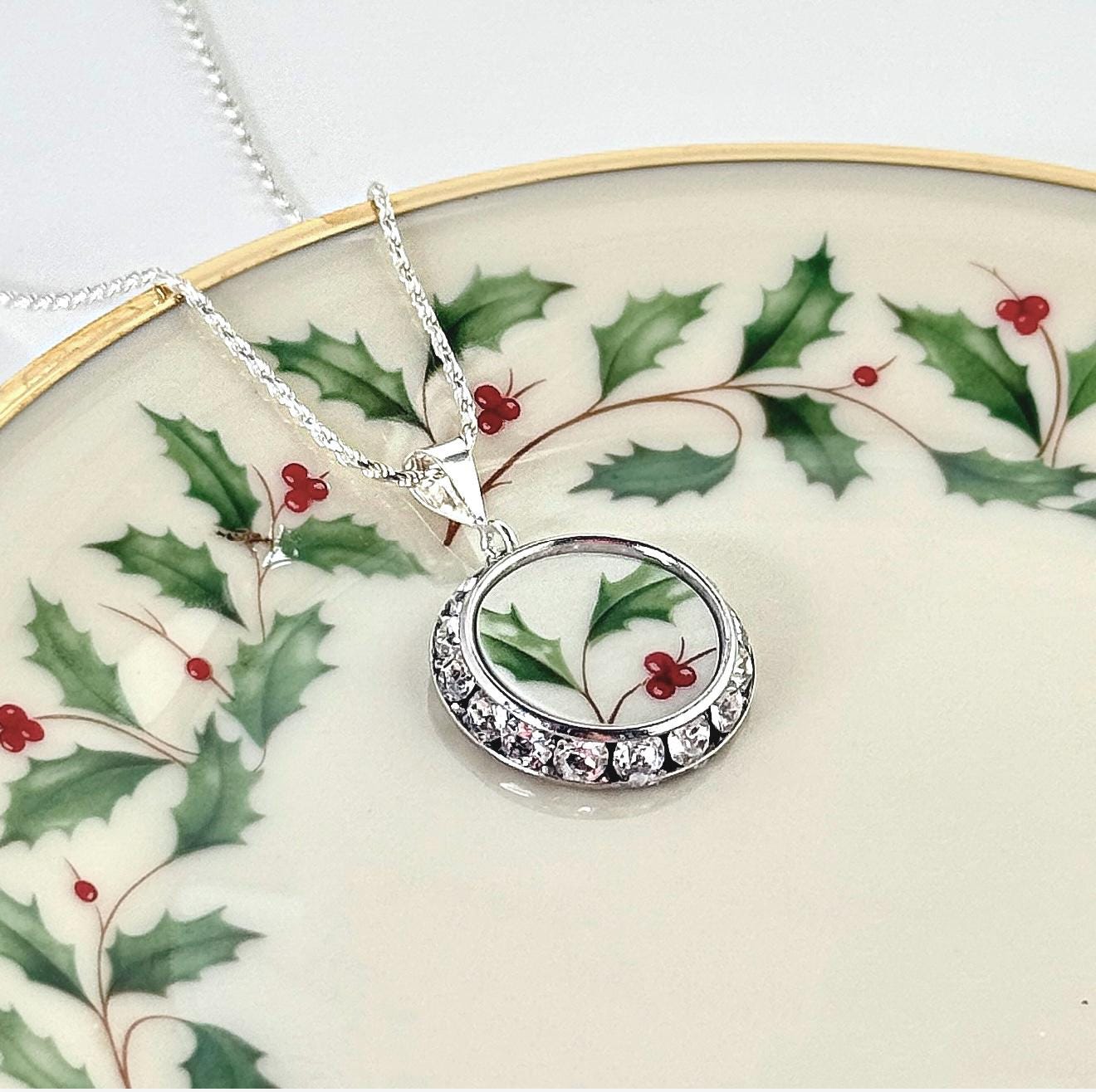 Crystal Christmas Necklace, Holly Lenox Holiday Broken China Jewelry