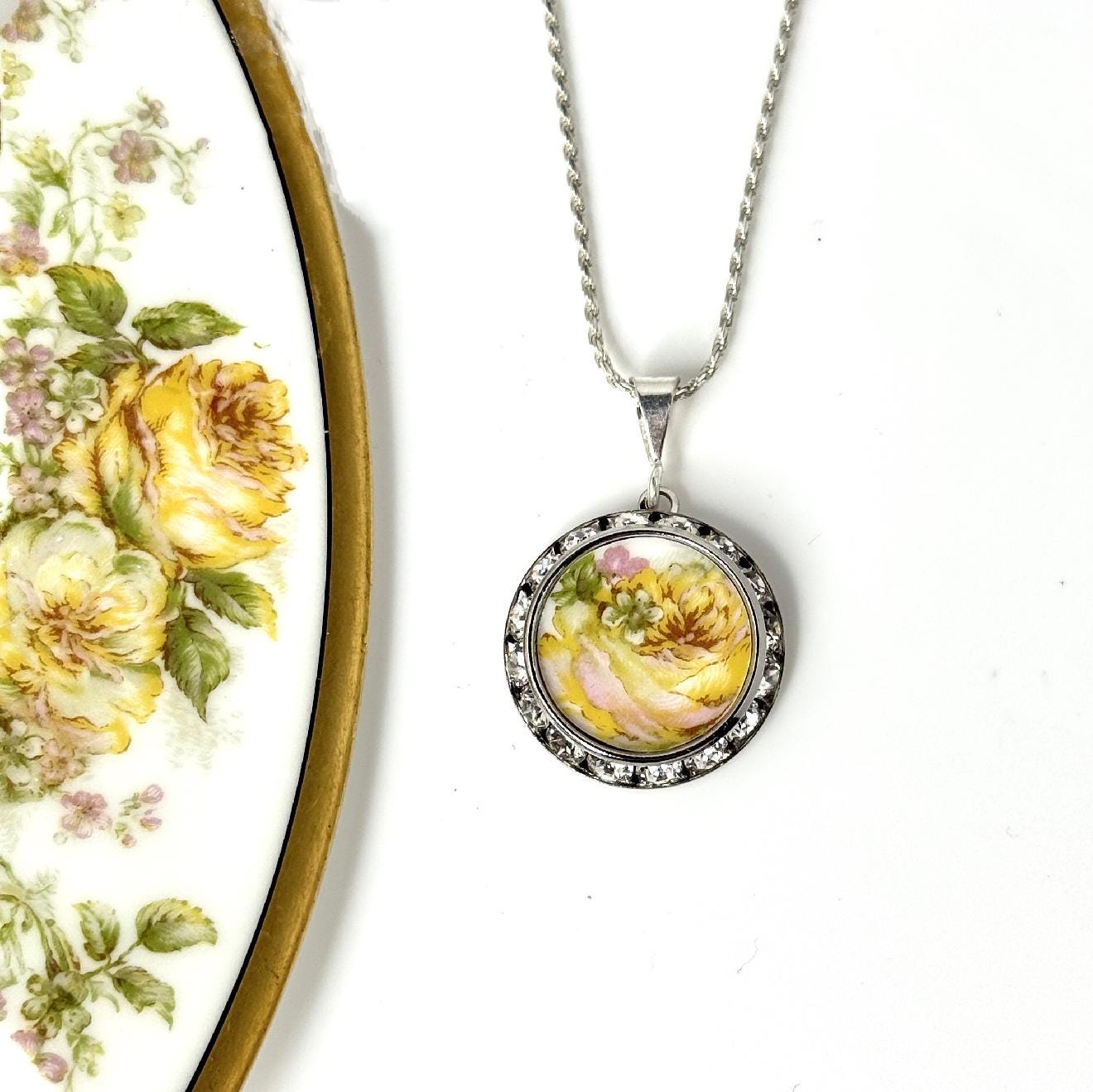 Yellow Rose Crystal Necklace, Friendship Gifts for Women, Broken China Jewelry