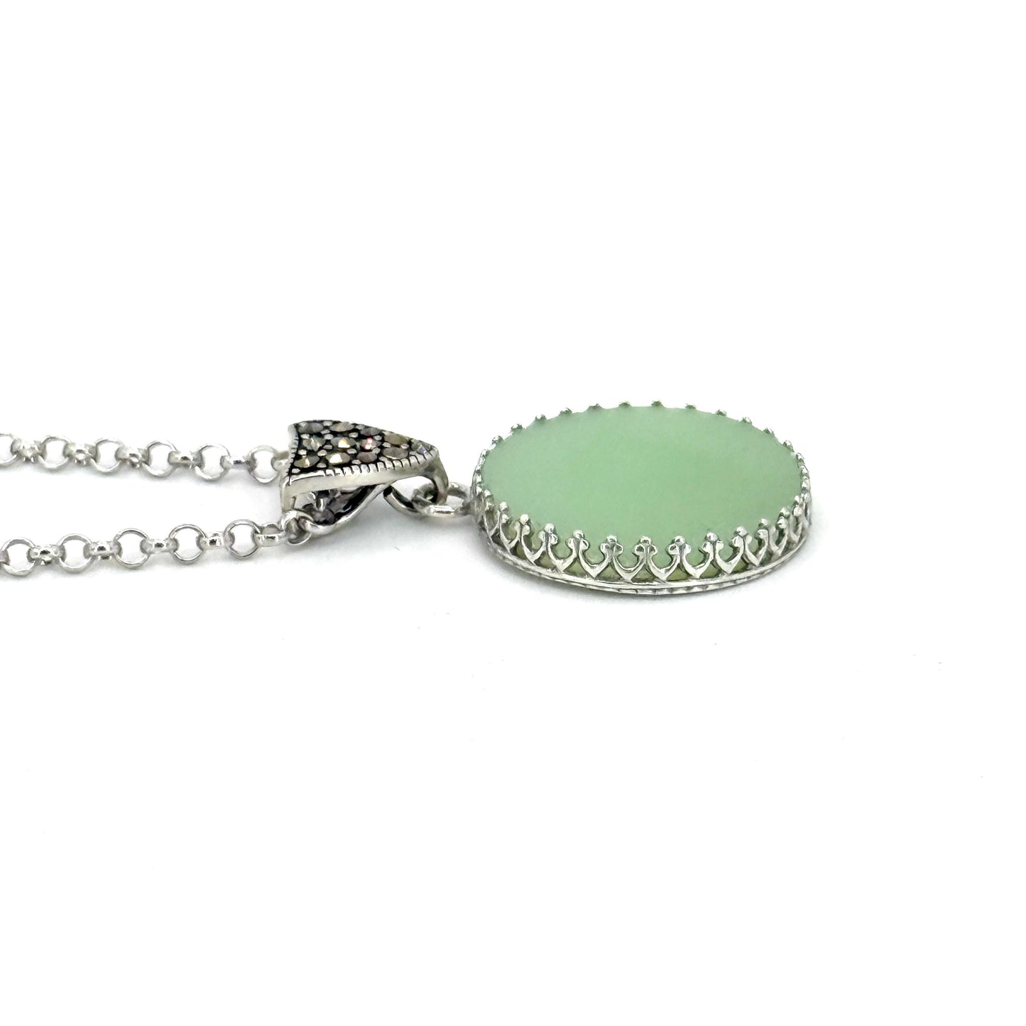 Fire King Jadeite Jewelry, Victorian Style Marcasite Necklace, Vintage Depression Glass