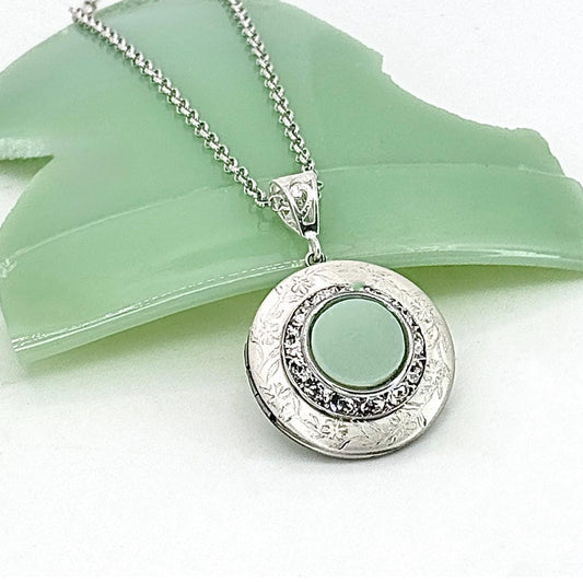 Jadeite Photo Locket, Vintage Fire King, Victorian Style Crystal Locket Necklace