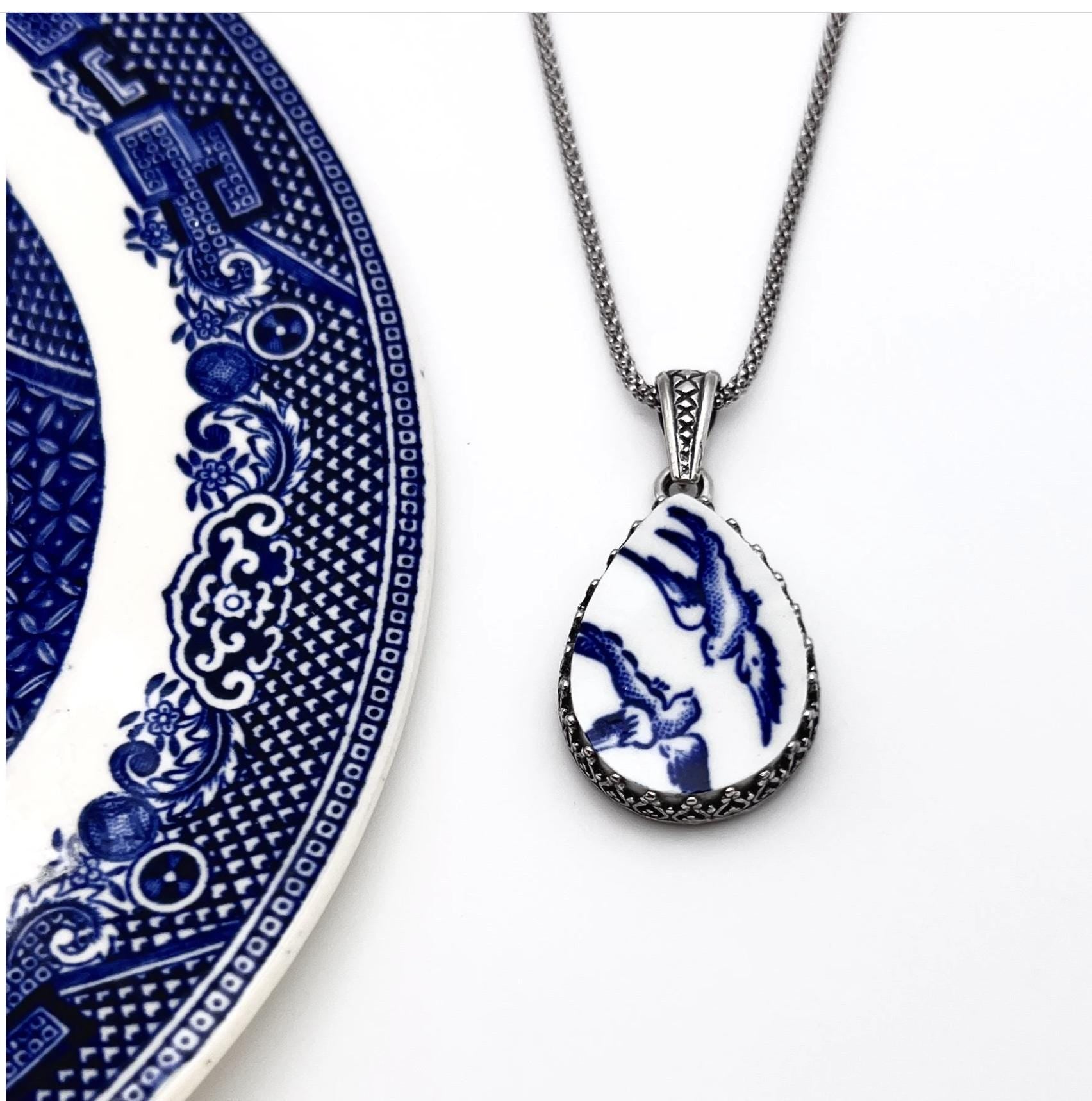 Love Birds Necklace - Traditional 20th Anniversary Gift for Wife, Blue Willow Broken China Jewelry