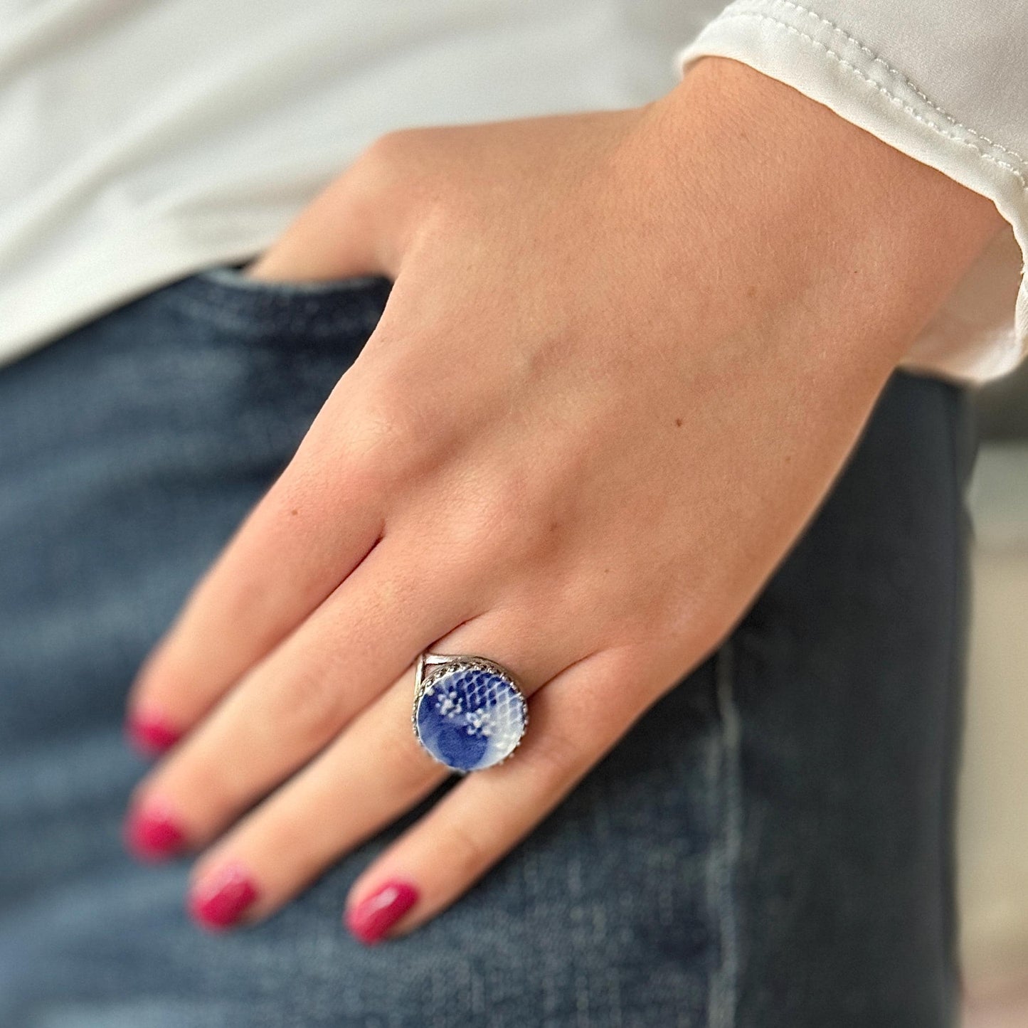 Antique Flow Blue Porcelain Ring, Adjustable Sterling Silver Ring, Broken China Jewelry