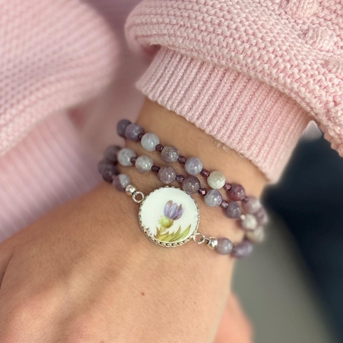 Thistle Wrap Bracelet, Scottish Thistle Broken China Jewelry, Gemstone