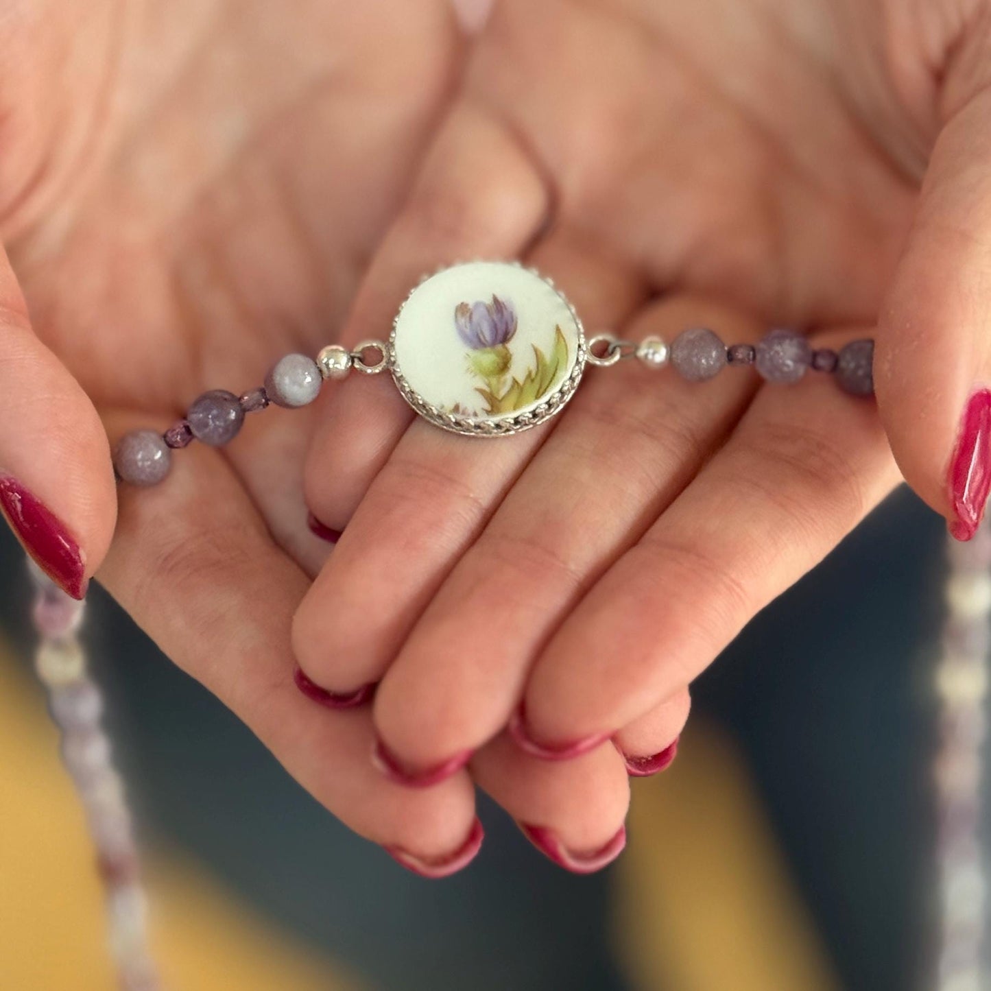 Thistle Wrap Bracelet, Scottish Thistle Broken China Jewelry, Gemstone
